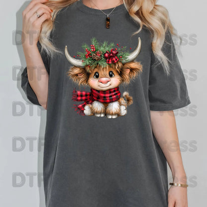 Baby Highland Cow DTF Transfers, Plaid Scarf Cute Christmas Holiday Ready to Press