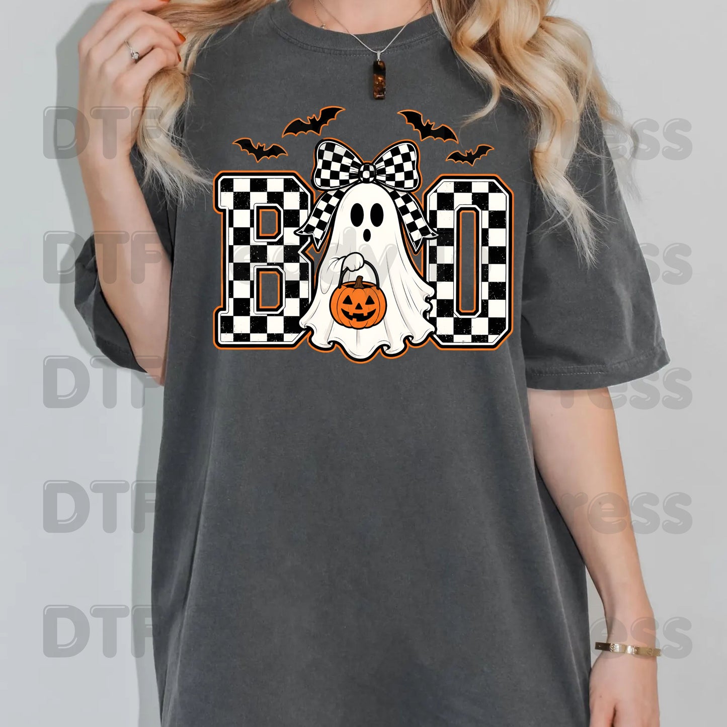 Boo Checkered Bow Ghost DTF Transfers, Halloween Pumpkin Bucket Bats Retro Ready to Press