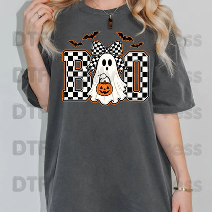 Boo Checkered Bow Ghost DTF Transfers, Halloween Pumpkin Bucket Bats Retro Ready to Press