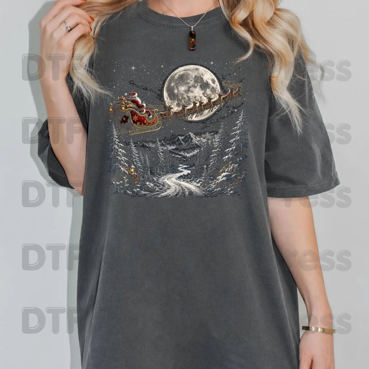 Christmas Santa DTF Transfers, Sleigh Flying Over Full Moon Vintage Winter Forest Ready to Press