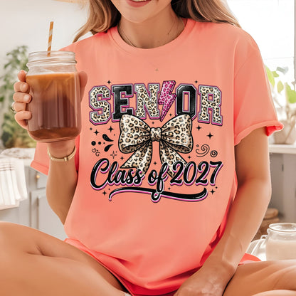 Senior Class of 2027 DTF Transfer Ready to Press Graduation Heat Transfer for Shirts Leopard Bow Pink Lightning Bolt Graphic Tee