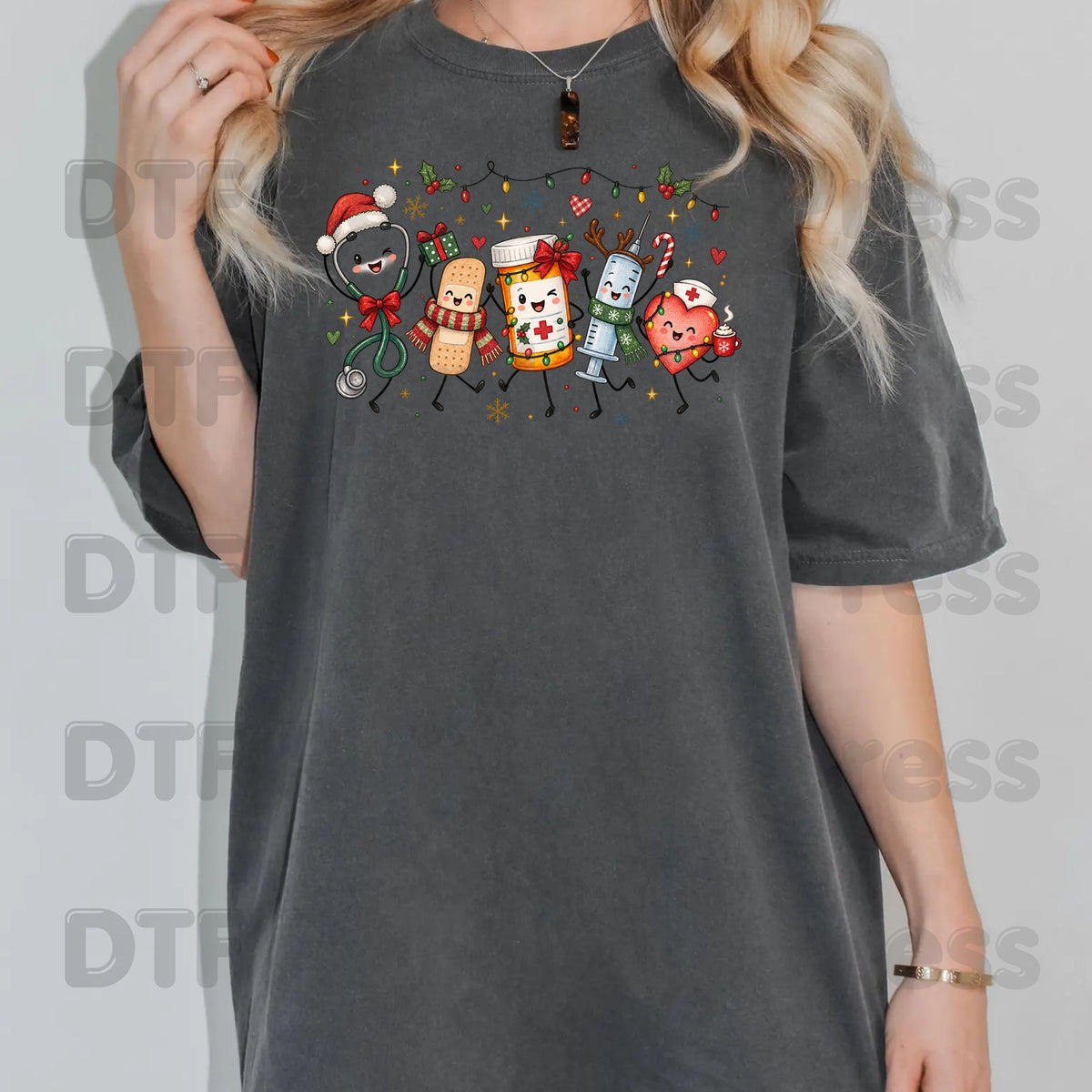Christmas Nurse Squad DTF Transfers, Holiday Medical Syringe Pill Bottle Stethoscope Ready to Press