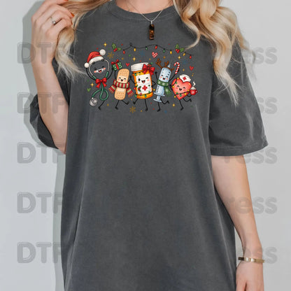 Christmas Nurse Squad DTF Transfers, Holiday Medical Syringe Pill Bottle Stethoscope Ready to Press
