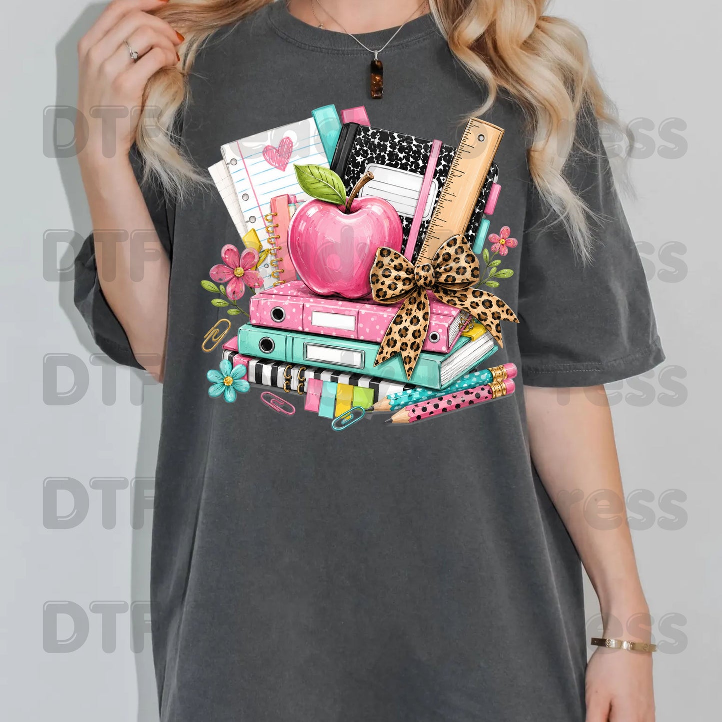 Pink Apple School Supplies DTF Transfers, Books Leopard Bow Back to School Teacher Student Ready to Press