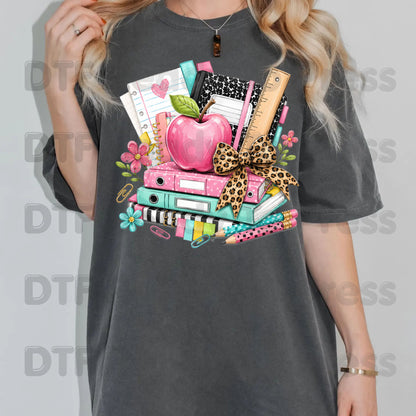 Pink Apple School Supplies DTF Transfers, Books Leopard Bow Back to School Teacher Student Ready to Press