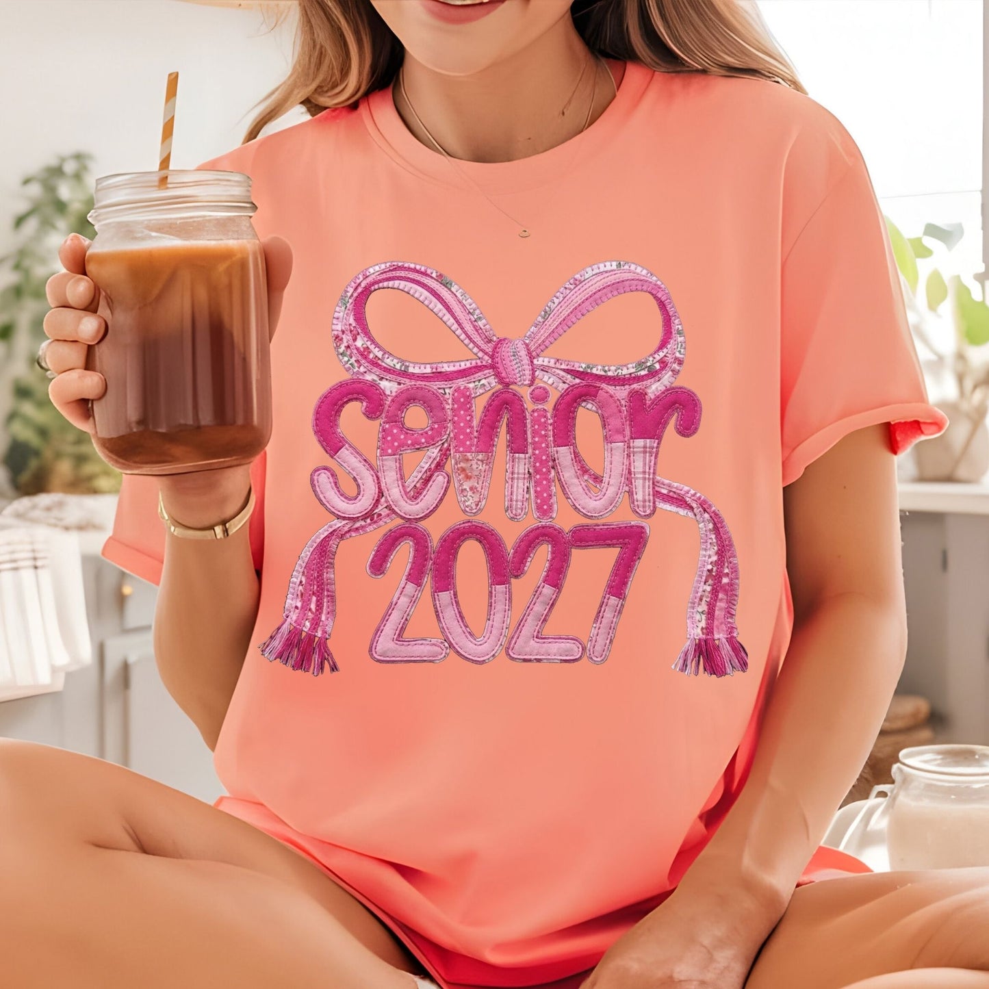 Senior 2027 DTF Transfer Ready to Press Graduation Heat Transfer for Shirts Pink Quilted Stitch Bow Patch Graphic Tee