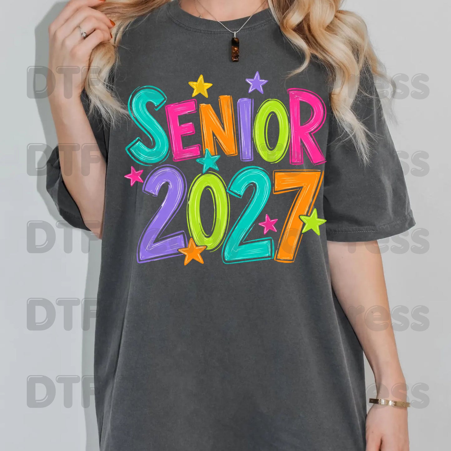 Senior 2027 DTF Transfers, Colorful Stars Graduation High School Class of 2027 Ready to Press