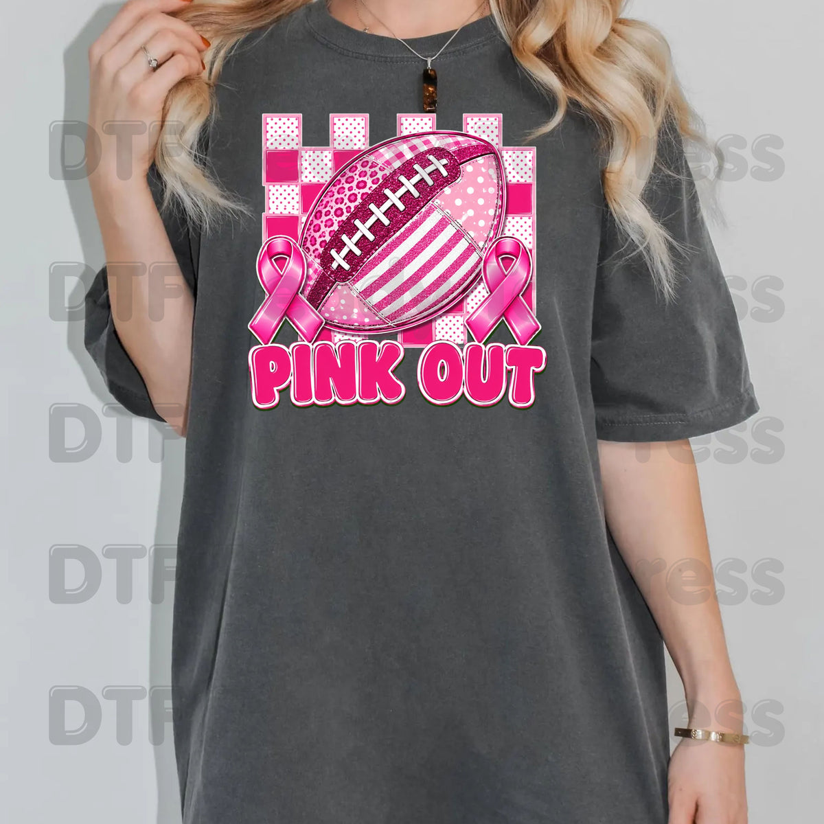 Pink Out DTF Transfers, Breast Cancer Awareness Football Pink Ribbon Support Ready to Press