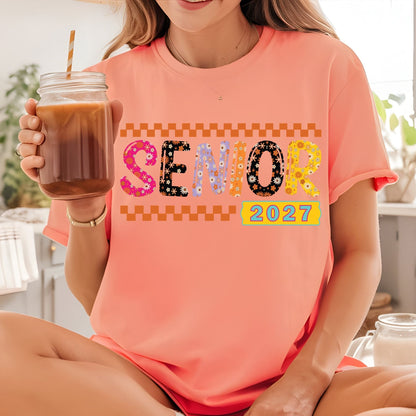 Senior 2027 DTF Transfer Ready to Press Graduation Heat Transfer for Shirts Groovy Retro Daisy Flowers Orange Checkerboard Tee