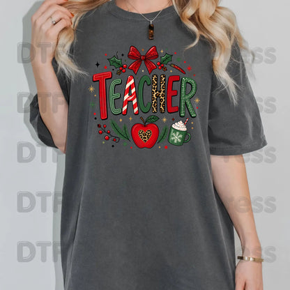 Christmas Teacher DTF Transfers, School Red Bow Apple Cocoa Leopard Holiday Ready to Press