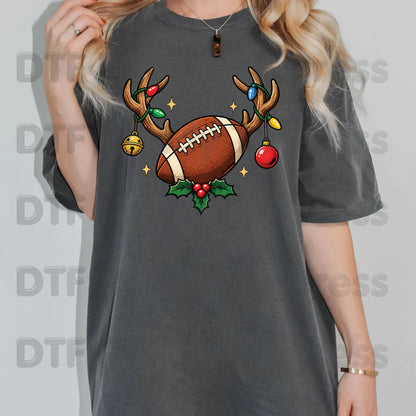 Christmas DTF Transfer, Reindeer Antlers with Football Lights and Holly Graphic
