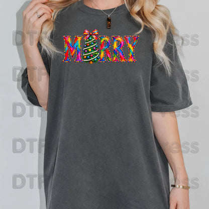 Merry Christmas Tree DTF Transfers, Colorful Painted Christmas Holiday Ready to Press