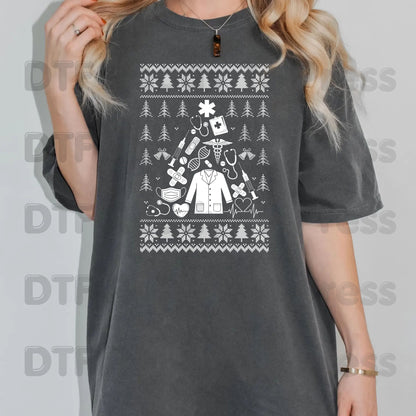 Medical Christmas Ugly Sweater DTF Transfers, Nurse Doctor Lab Coat Stethoscope Holiday Ready to Press