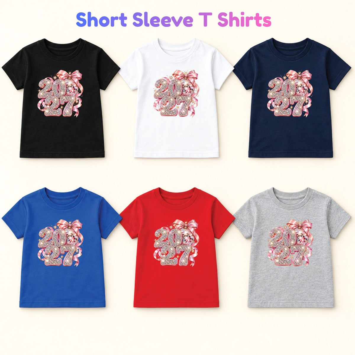 New Year 2027 T-Shirt, Pink Glitter Disco Ball Bow Tee, Sparkly Party Sweatshirt