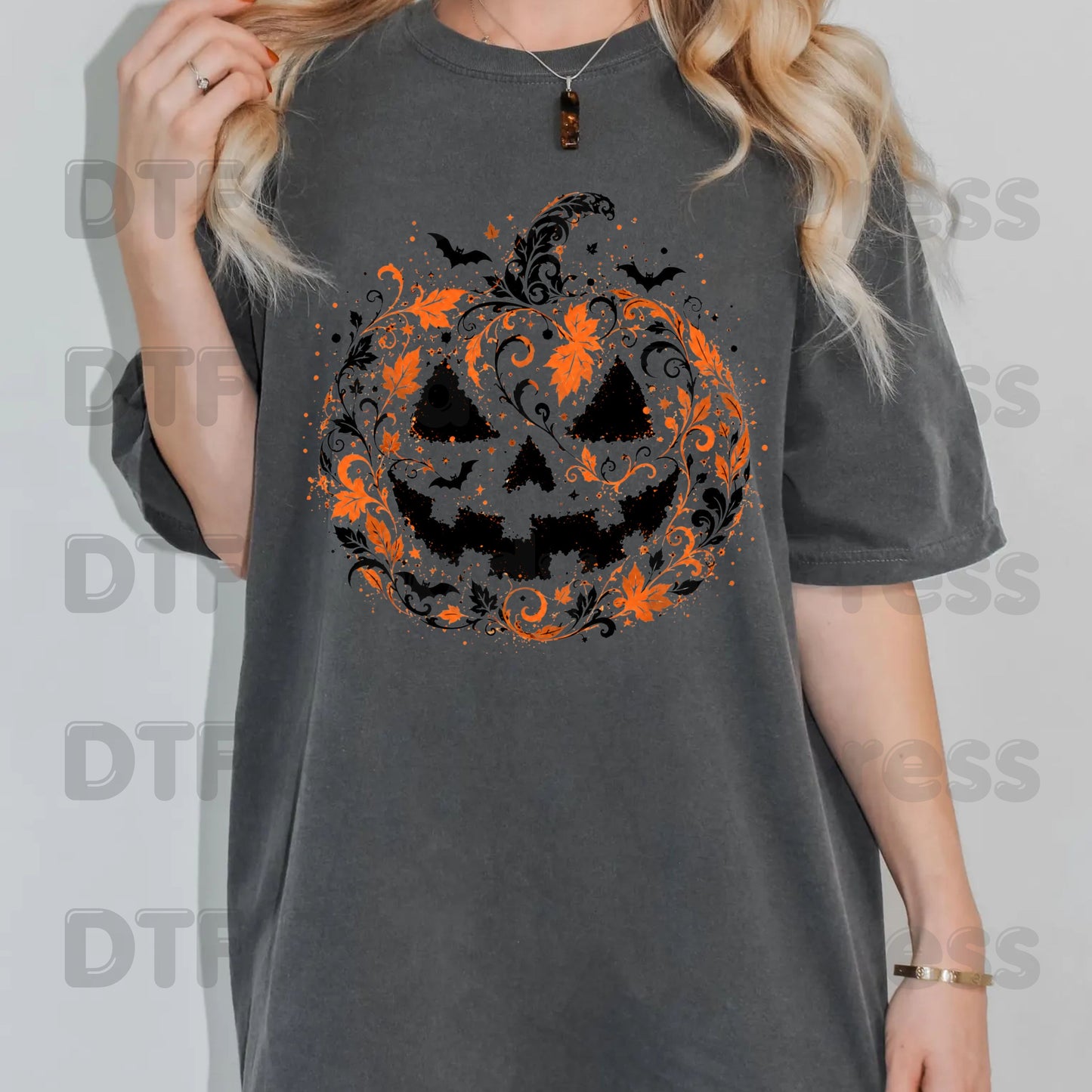 Halloween Pumpkin Face DTF Transfers, Intricate Floral Swirl Gothic Spooky Ready to Press