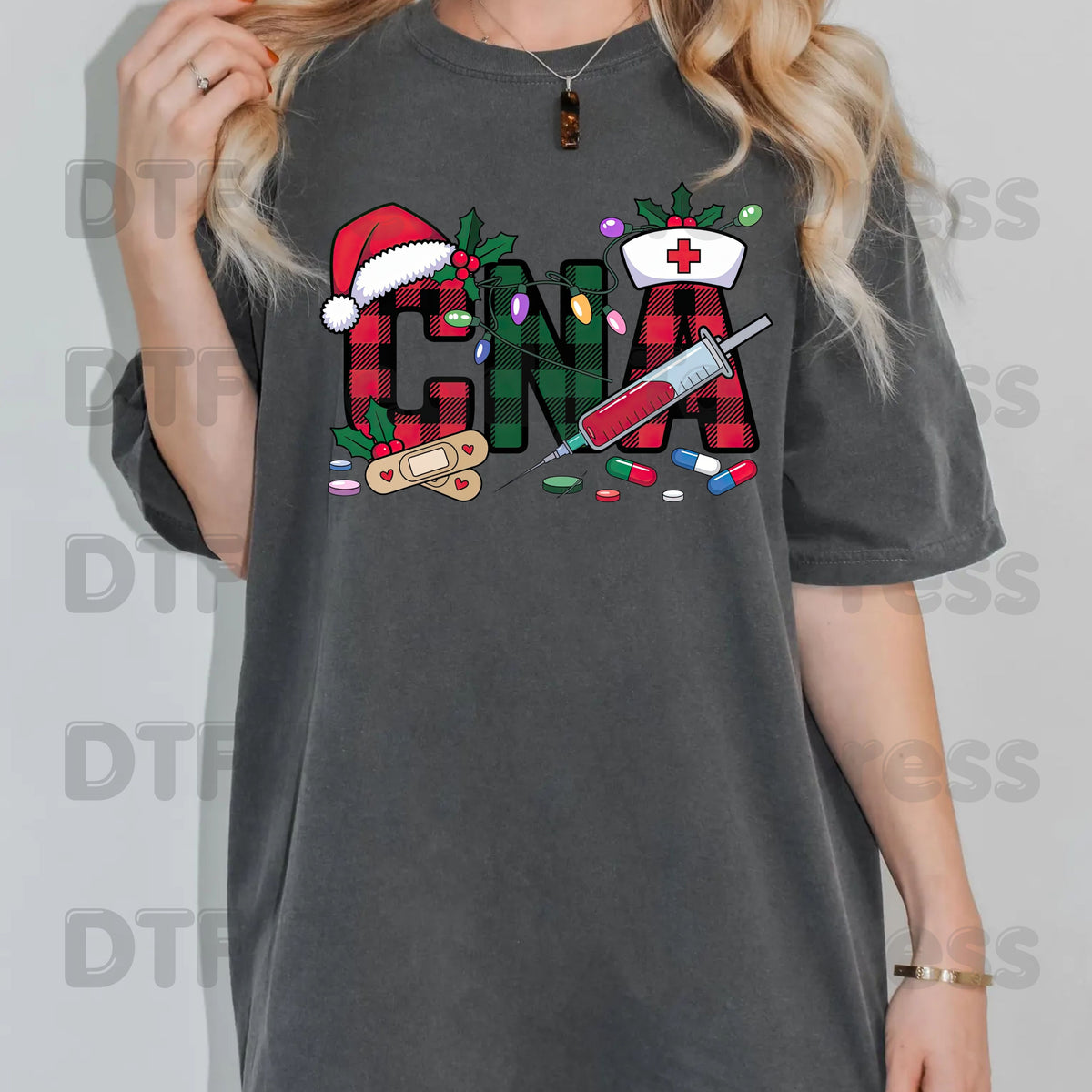 Christmas CNA Plaid DTF Transfers, Medical Nursing Syringe Holiday Lights Ready to Press