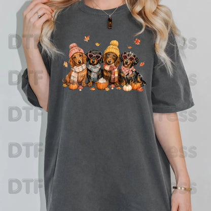 Fall Dachshund DTF Transfer Ready to Press Cozy Beanie Scarf Heat Transfer For Shirts Wiener Dog Pumpkin Spice Leaves Autumn Doxie Gang