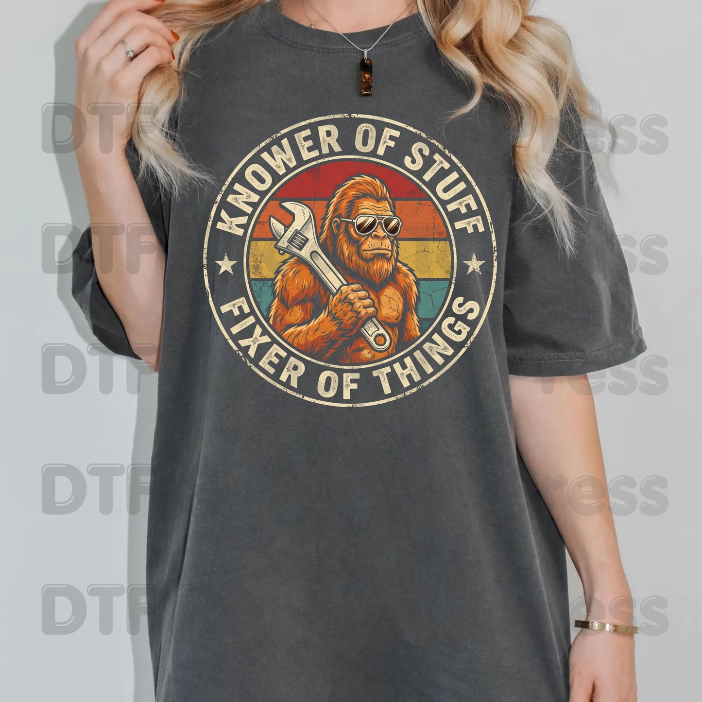 Funny Bigfoot DTF Transfers, Knower of Stuff Fixer of Things Retro Sasquatch Wrench Sunglasses Dad Handyman Ready to Press