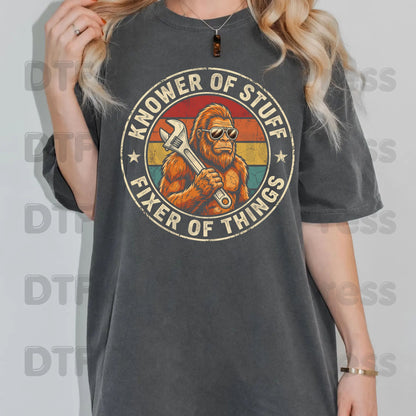 Funny Bigfoot DTF Transfers, Knower of Stuff Fixer of Things Retro Sasquatch Wrench Sunglasses Dad Handyman Ready to Press