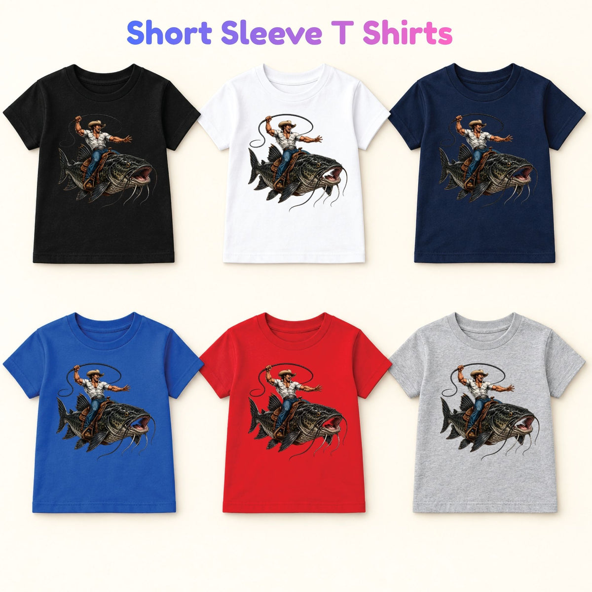Cowboy Riding Catfish T-Shirt, Funny Fishing Rodeo Southern Graphic Tee for Toddler and Kids