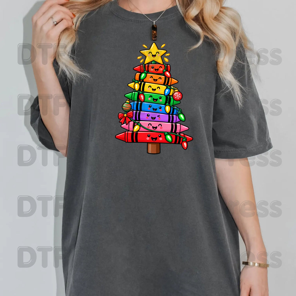 Christmas Crayon Tree DTF Transfers, Teacher School Rainbow Lights Holiday Ready to Press