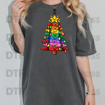 Christmas Crayon Tree DTF Transfers, Teacher School Rainbow Lights Holiday Ready to Press