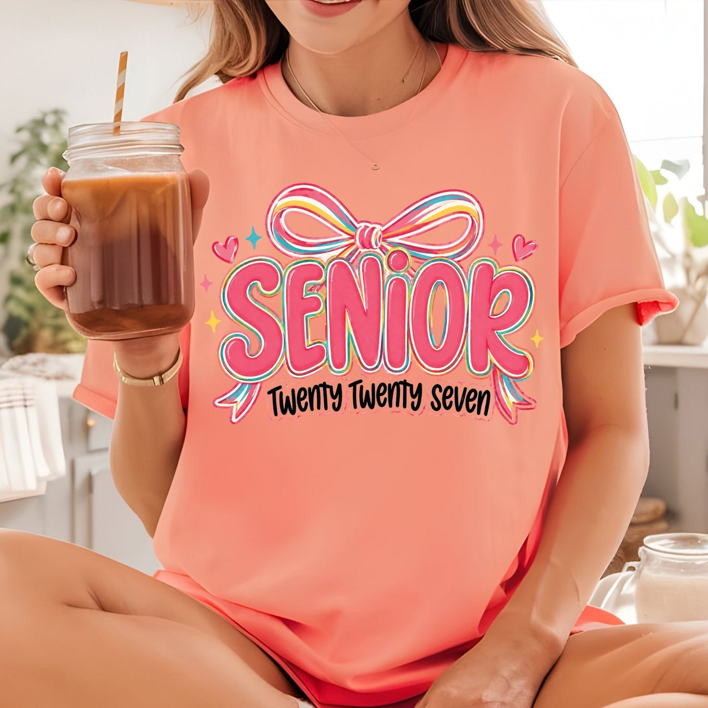 Senior Twenty Twenty Seven DTF Transfer Ready to Press Graduation Heat Transfer for Shirts Pink Multi Color Bow Retro Bubble Font Tee