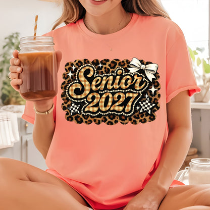 Senior 2027 DTF Transfer Ready to Press Graduation Heat Transfer for Shirts Brown Plaid Leopard Pearl Bow Stars Graphic Tee