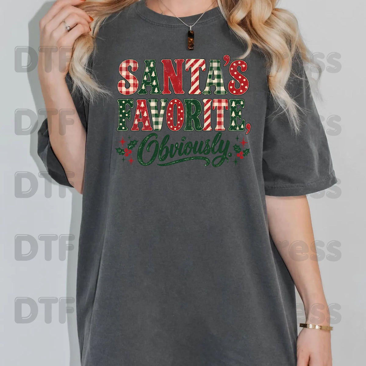 Christmas DTF Transfer, Santa’s Favorite Obviously, Plaid Lettering and Holly Graphic