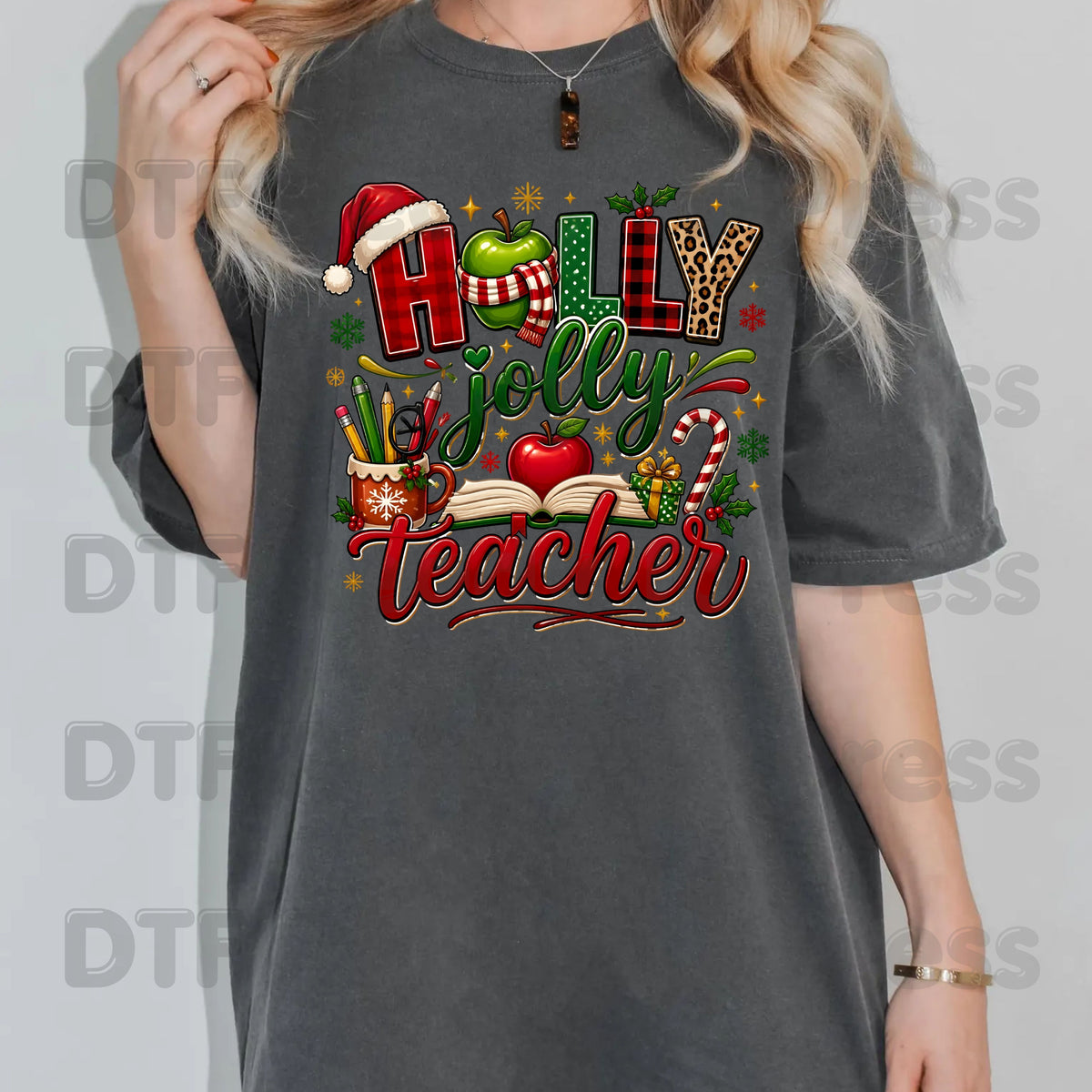 Holly Jolly Teacher DTF Transfers, Christmas School Apple Leopard Book Plaid Holiday Ready to Press