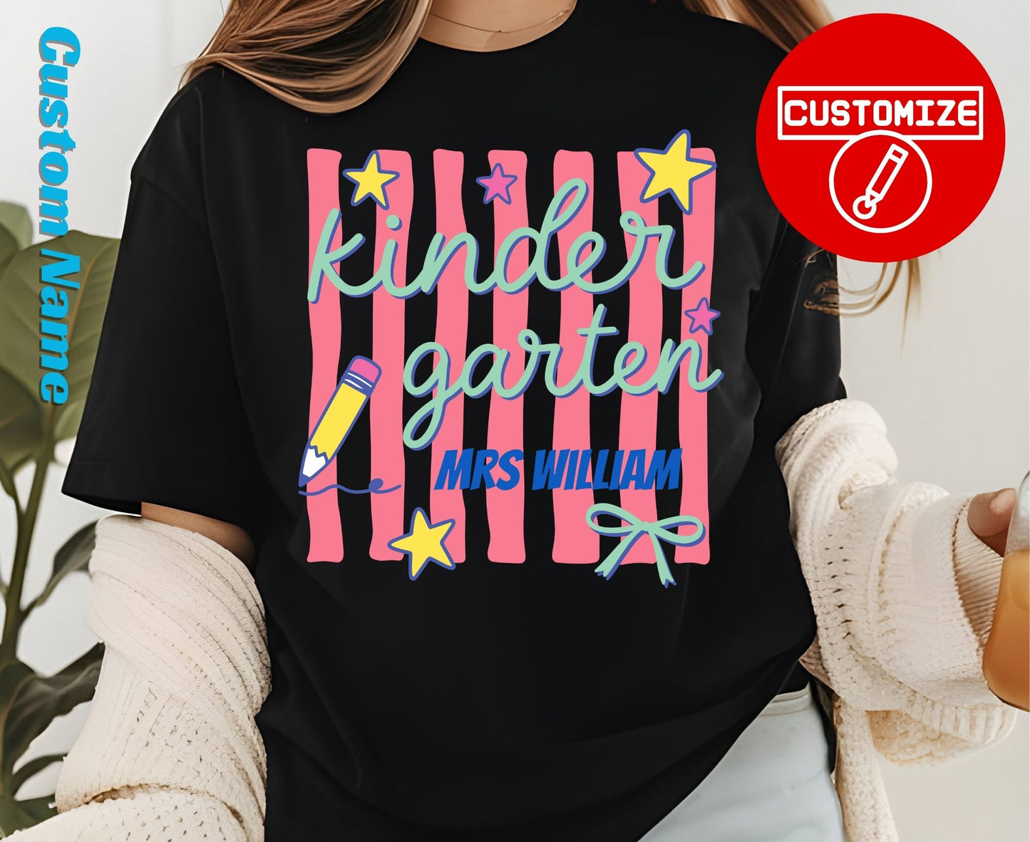Comfort Colors® Custom Kindergarten Teacher Shirt Retro Stripe Kindergarten Team Tees Personalized Name T Shirt For Men Women Kids Elementary