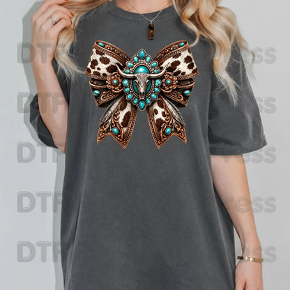 Western Bow DTF Transfers, Turquoise Longhorn Skull Cowhide Coquette Bow Cowgirl Ready to Press