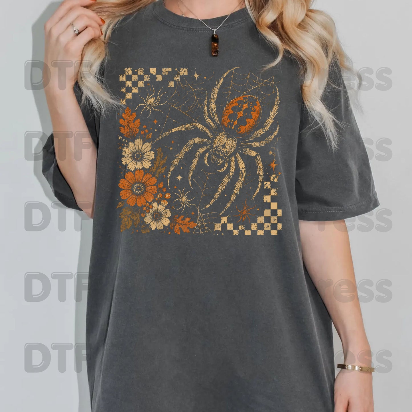 Vintage Fall Halloween Spider DTF Transfers, Floral Spiderweb Checkered Spooky Season Ready to Press
