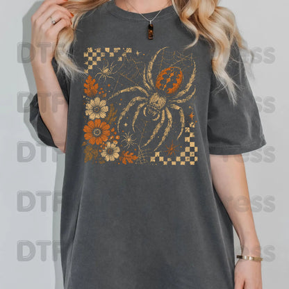 Vintage Fall Halloween Spider DTF Transfers, Floral Spiderweb Checkered Spooky Season Ready to Press