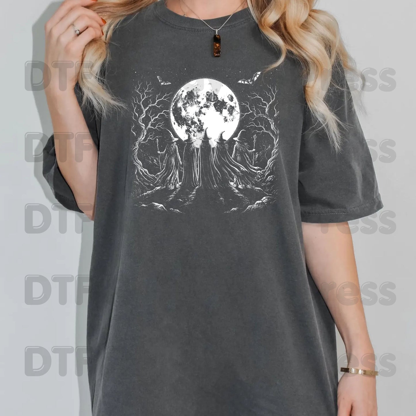 Witches Coven Full Moon DTF Transfers, Dark Forest Bats Gothic Halloween Ready to Press