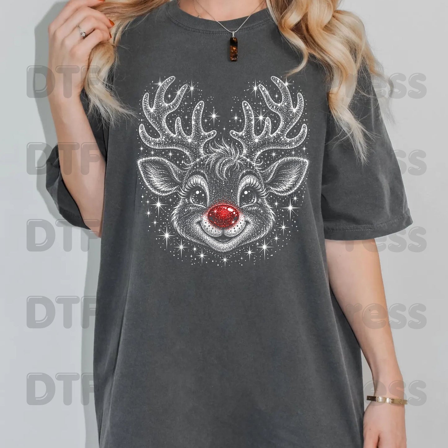 Christmas Reindeer DTF Transfers, Red Nose Rudolph Festive Winter Sparkle Cute Holiday Ready to Press