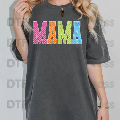 Mama DTF Transfers, Colorful Checkered Retro Distressed Mama Ready to Press