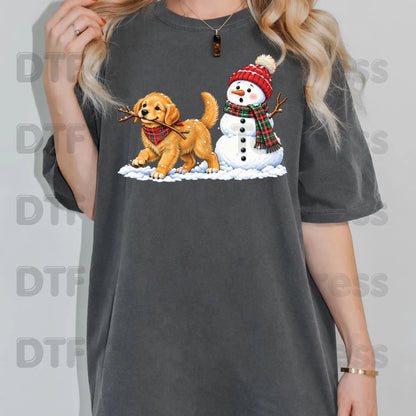 Christmas DTF Transfer, Golden Retriever Puppy with Snowman and Plaid Scarf