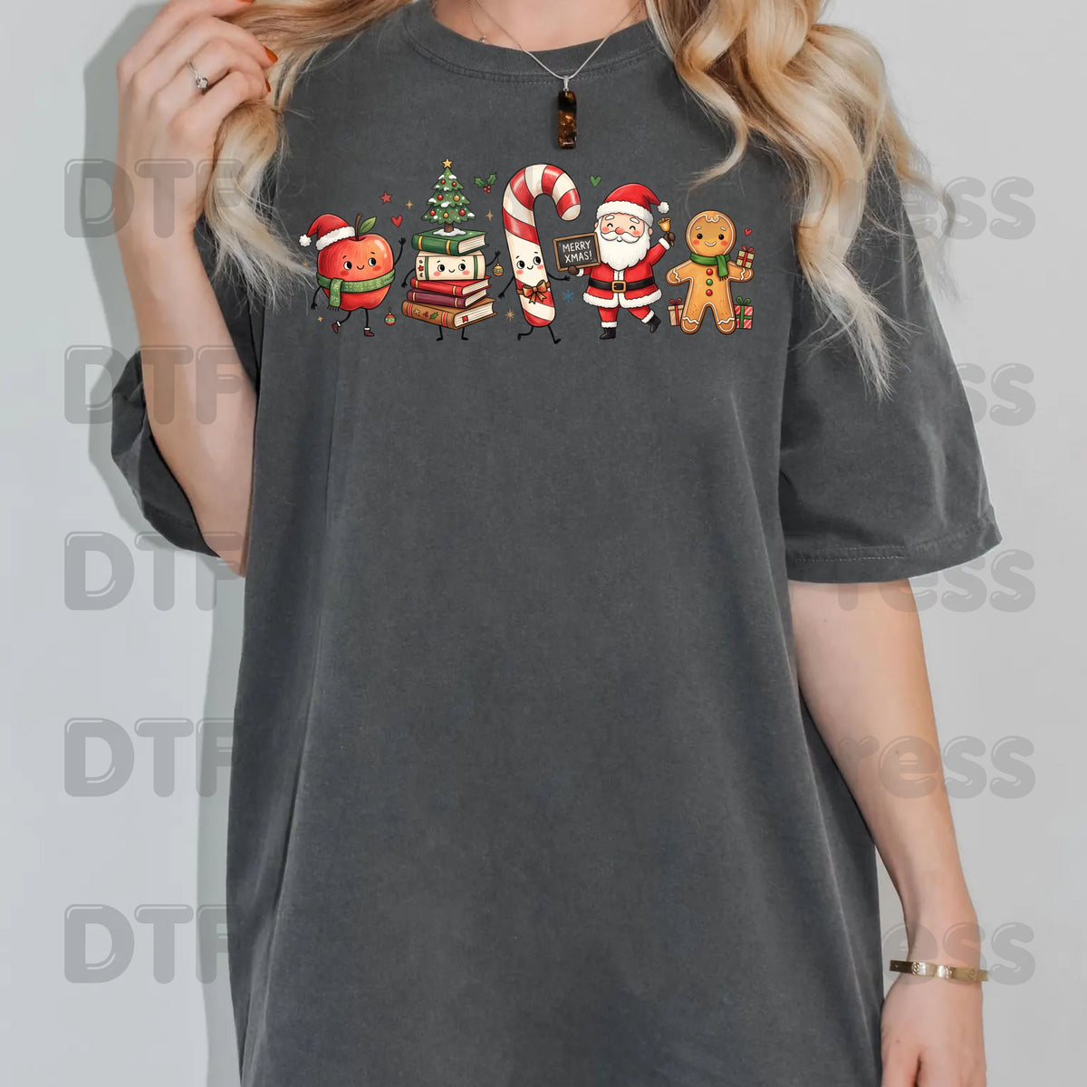 Christmas Teacher Squad DTF Transfers, Holiday School Apple Books Santa Teacher Ready to Press