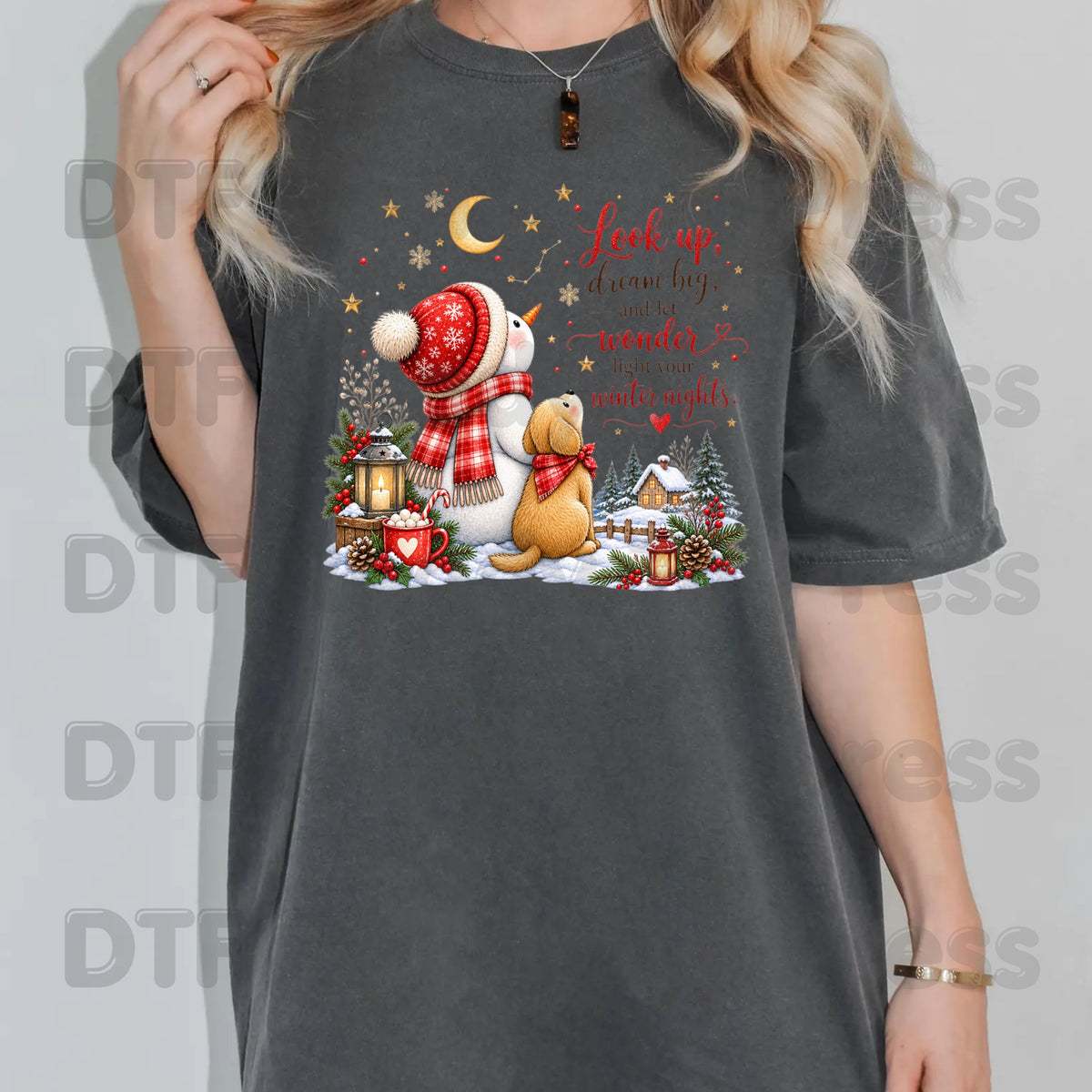Snowman Dog DTF Transfers, Look Up Dream Big Quote Cute Winter Christmas Ready to Press