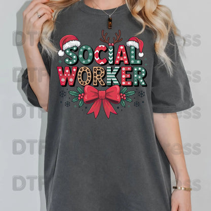 Christmas Social Worker DTF Transfers, Holiday Santa Hat Leopard Bow Social Work Ready to Press