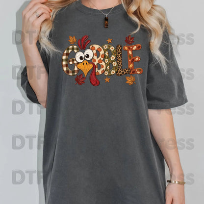 Thanksgiving DTF Transfer, Gobble Turkey Face, Plaid Leopard