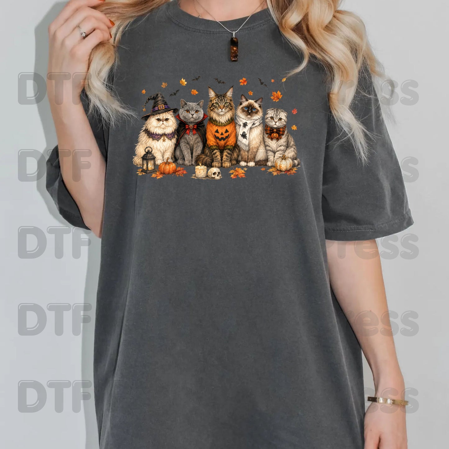 Halloween Cats DTF Transfer Ready to Press Witch Vampire Pumpkin Maine Coon Ragdoll Heat Transfer For Shirts Spooky Cat Gang Full Color