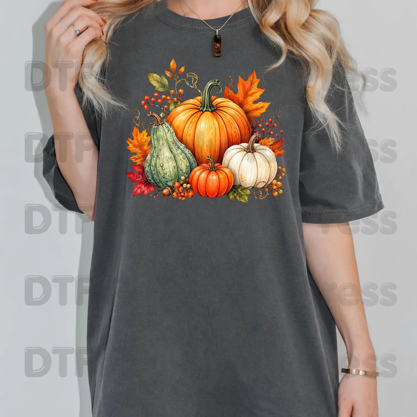 Fall Pumpkin DTF Transfer, Watercolor Harvest Gourd and Leaves Ready to Press