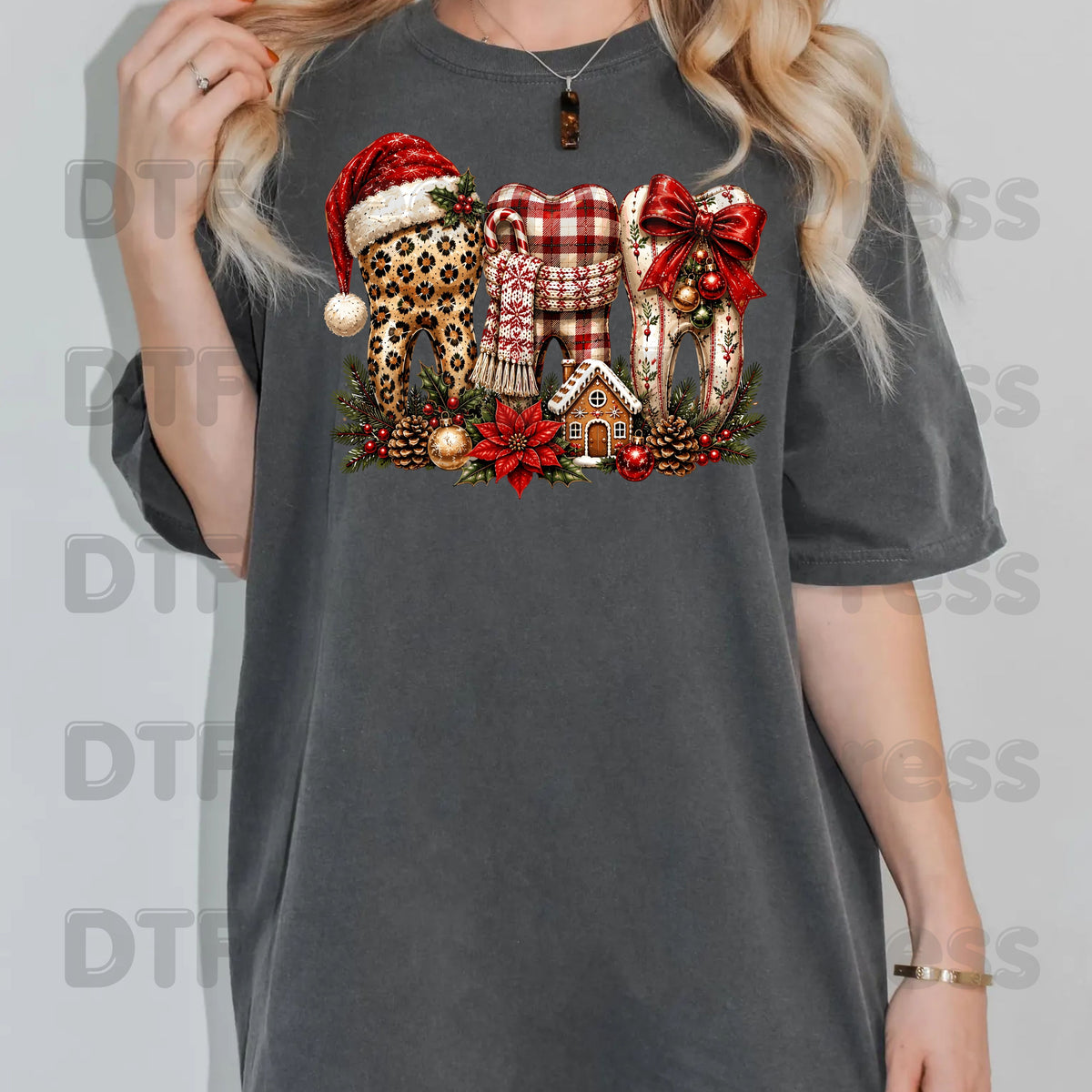 Christmas Dental Teeth DTF Transfers, Dentist Holiday Leopard Plaid Bow Ready to Press
