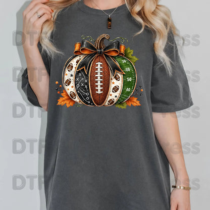 Football Pumpkin Bow DTF Transfers, Fall Game Day Football Field Patchwork Autumn Ready to Press