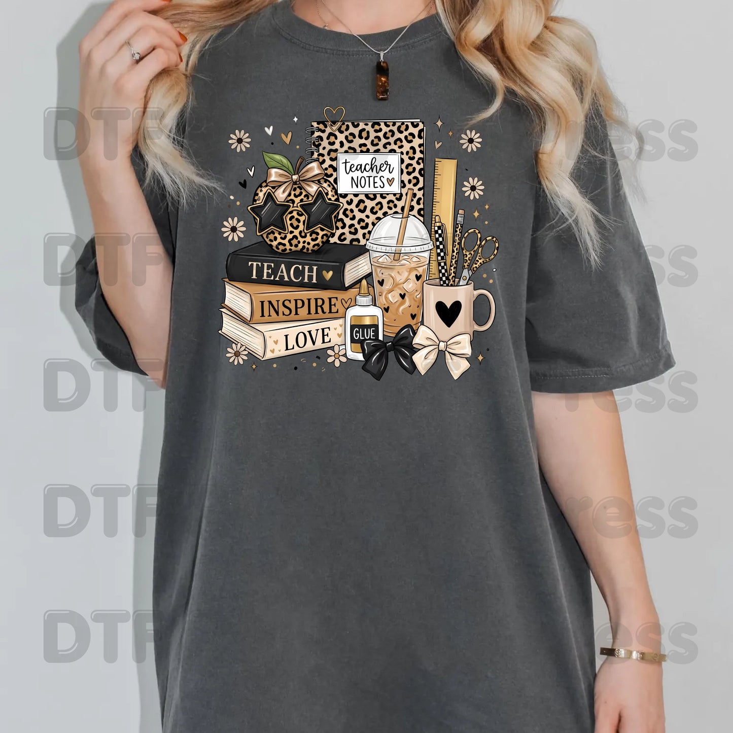 Teach Inspire Love Leopard Teacher DTF Transfers, Notebook Coffee Iced Drink Ready to Press