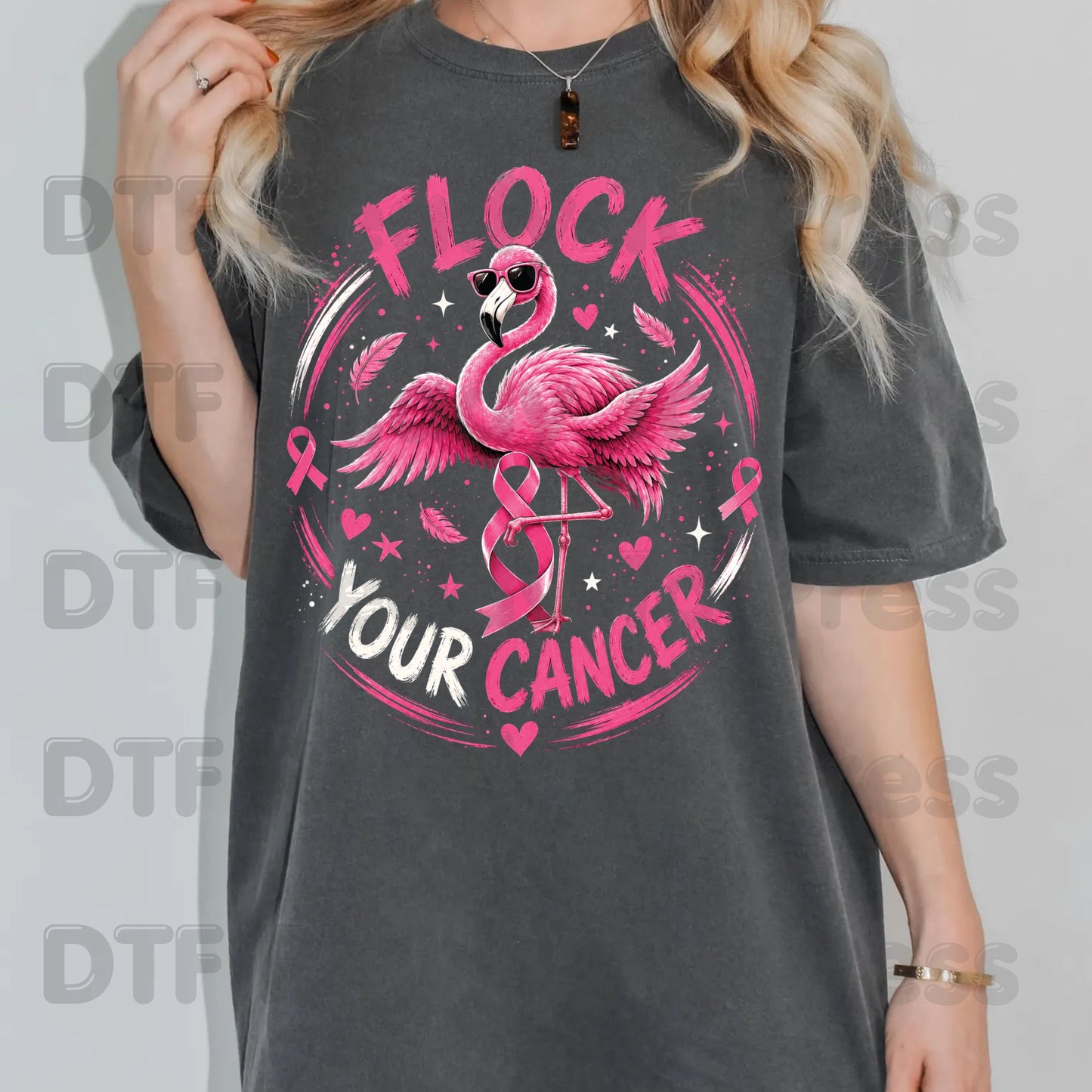Flock Your Cancer Pink Flamingo Breast Cancer Awareness DTF Transfer Ready to Press Heat Transfer Tee