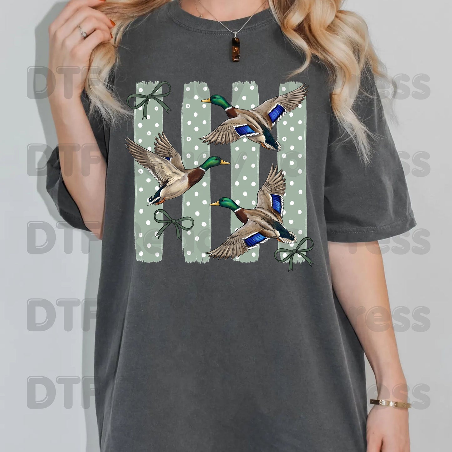 Flying Mallard Ducks DTF Transfers, Vintage Mallard Green Bows Polka Dot Coquette Hunting Ready to Press