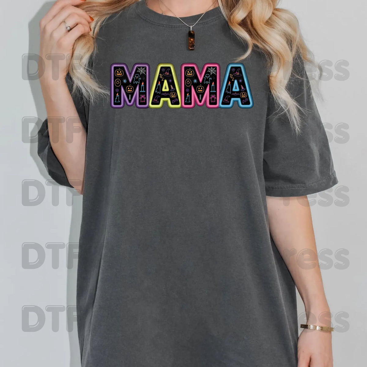 Halloween Mama DTF Transfers, Neon Spooky Doodle Ghost Pumpkin Witch Hat Ready to Press